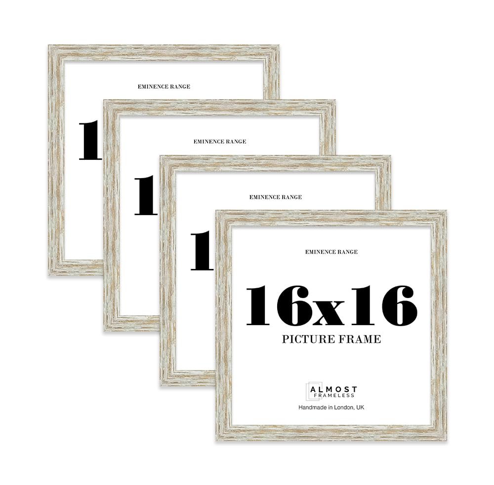 16x16" Distressed White Oak Picture Frame - Rustic Wood Industrial Effect Photo Frame for Wall Display, Ideal for Posters, Prints & Home Décor, Wall Hooks, 32mm Edge - 4 Pack