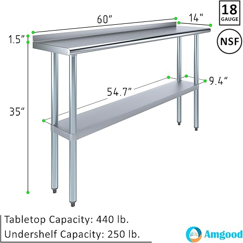 Miniatura 3 de AmGood Mesa de trabajo de acero inoxidable de 60 pulgadas de largo x 14 pulgadas de profundidad con salpicadero de 1.5 pulgadas  Mesa de preparación
