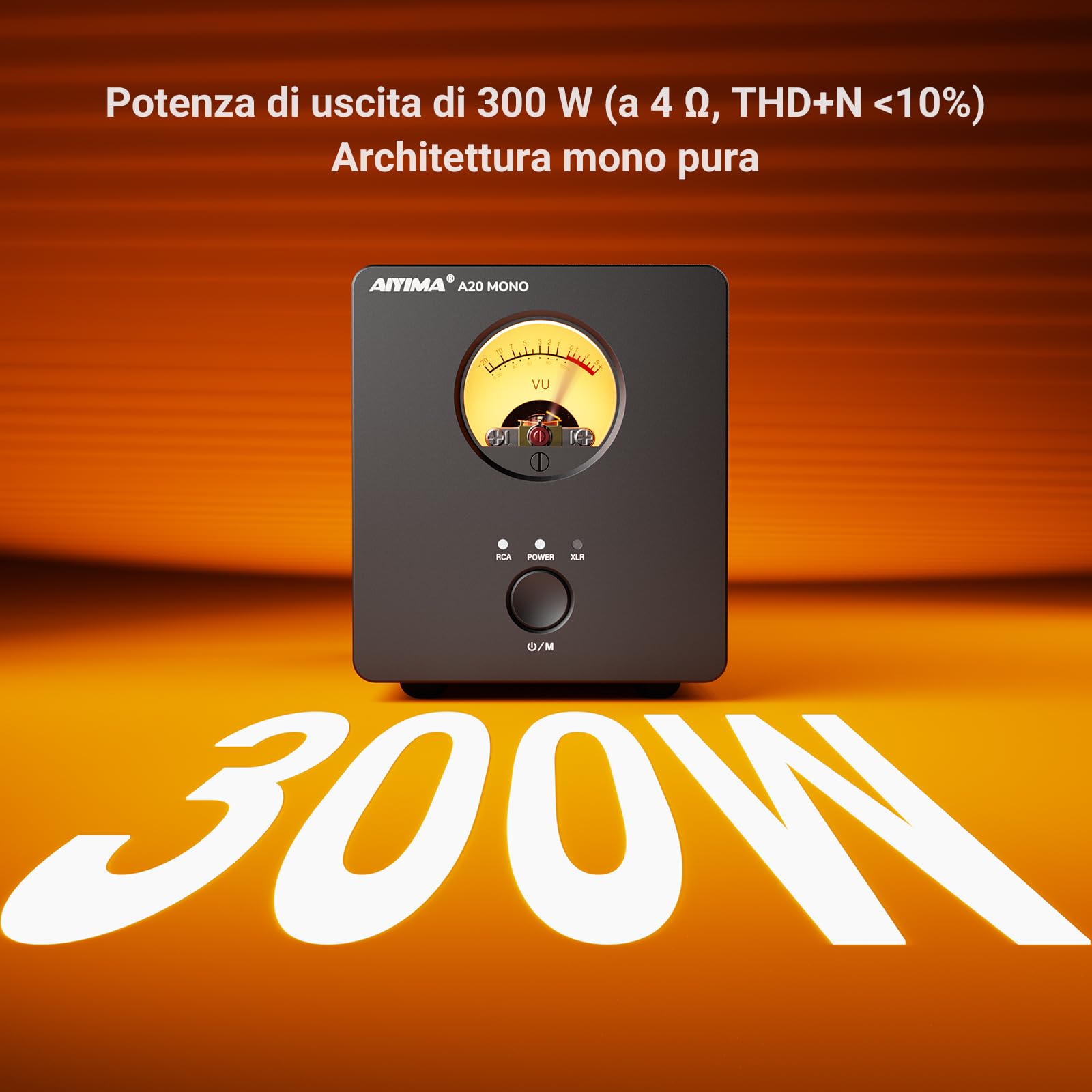 AIYIMA A20 Mono pieno equilibrato 300 W TPA3255 Amplificatore in classe D | Desktop Amplificatore con PFFB e HPF e 12 V Trigger,OPA1612 Op-Amp,ingresso XLR,Doppio guadagno Impostazioni,Vintage VU Meter