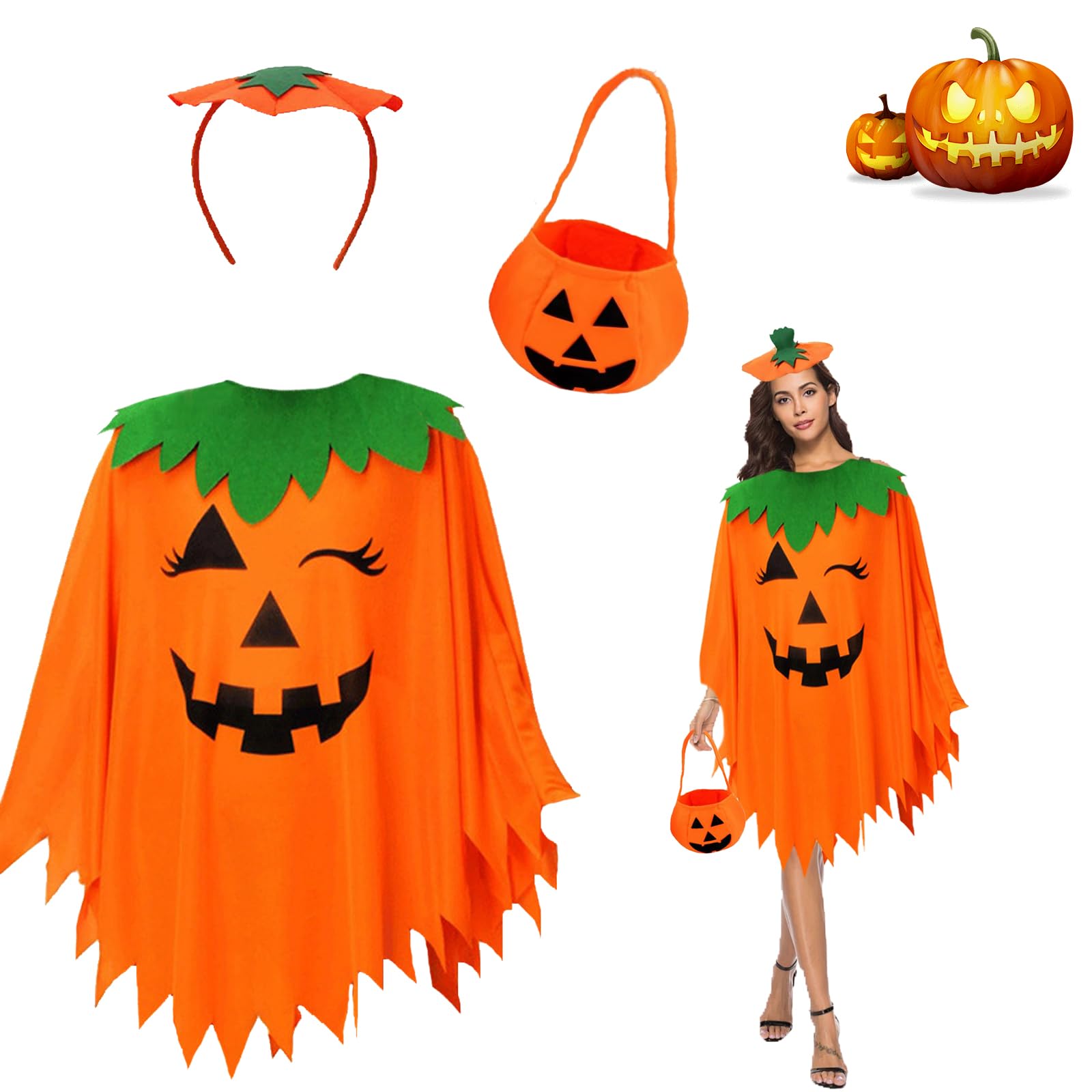 JLTXKST Disfraz de Ca-labaza Mujer para Hall-oween, Disfraz de Calabaza de Halloween, Disfraces de Calabaza para Adulto, con Sombrero y Bolsas, para Halloween Carnaval Cosplay Fiesta Traje