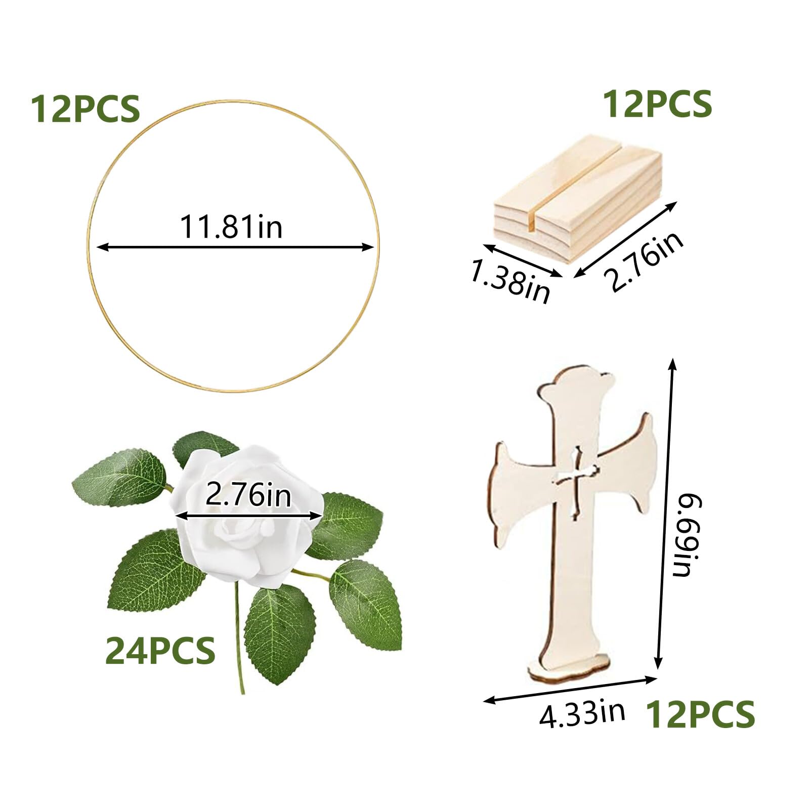 60 piezas de decoración de mesa de aro floral con 12 soportes de madera, 24 rosas de seda, 12 aros dorados y 12 cruces de madera, corona de metal, manualidades para mesa, bautizo, decoración de boda