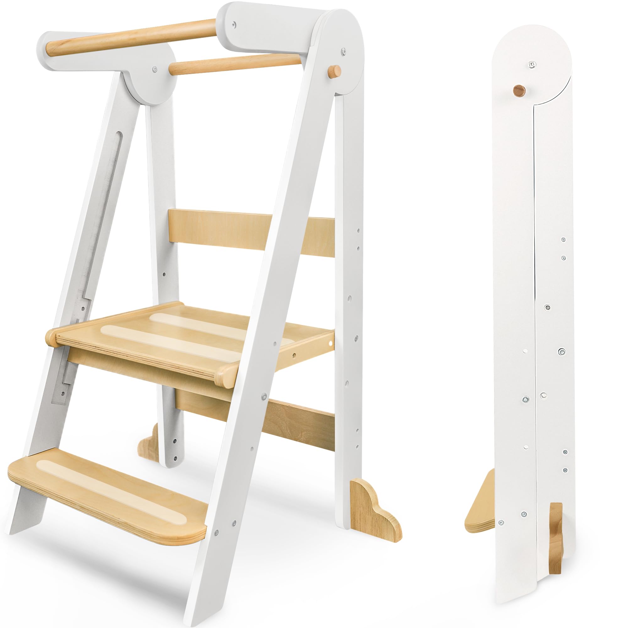 Lernturm Klappbar ab 1 Jahr, 3-stufig Höhenverstellbar Holz Kinder lernturm | Montessori Tritthocker Kinder, Mit Sicherheitsbarriere, Kippschutz, Learning Tower für Küche, Badezimmer, Waschbecken (Weiß)