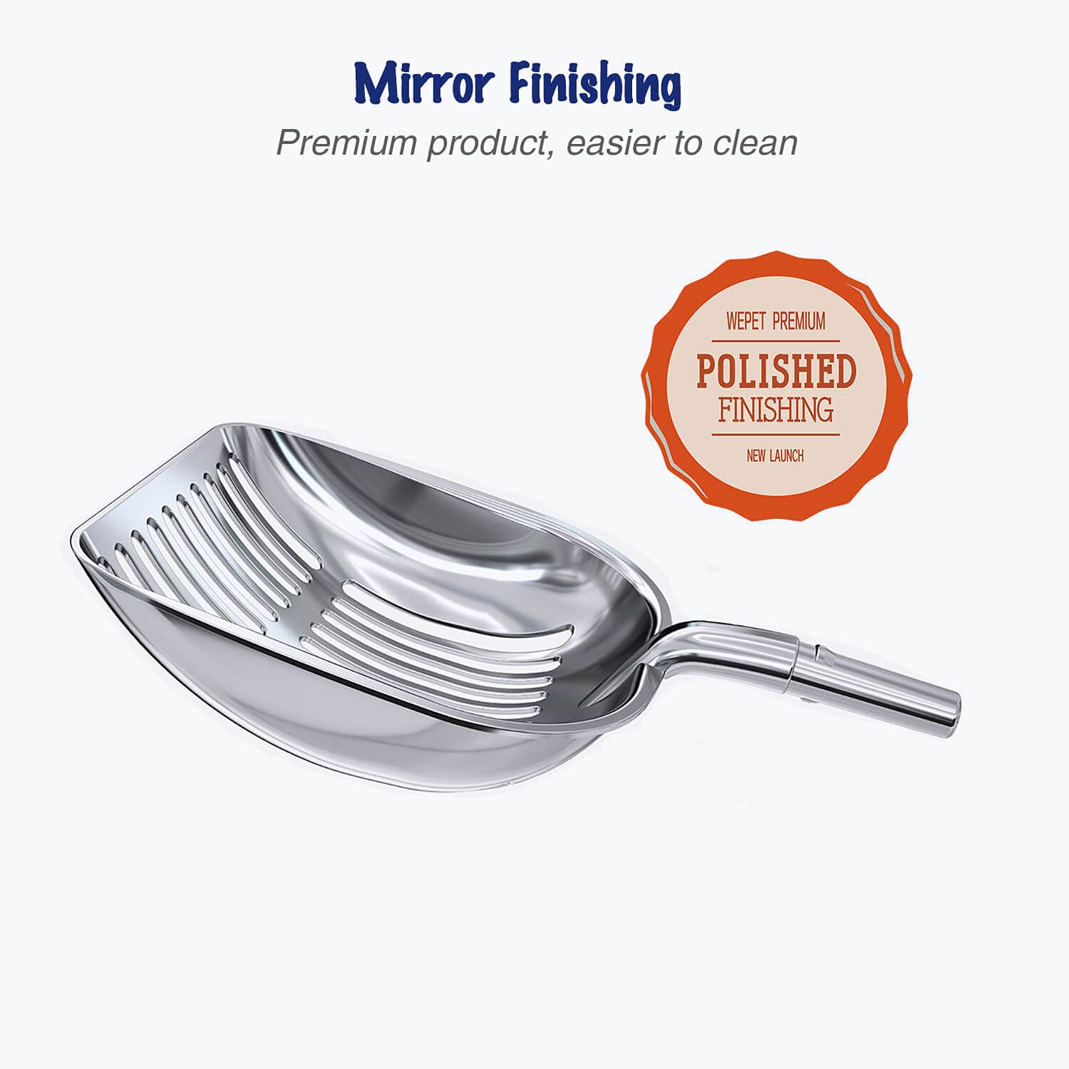 WePet Pala de arena para gatos, tamiz de aleación de aluminio, pala profunda, mango largo, caca de popa, elevador de caca, resistente, para caja de arena, aluminio pulido con mango azul turco