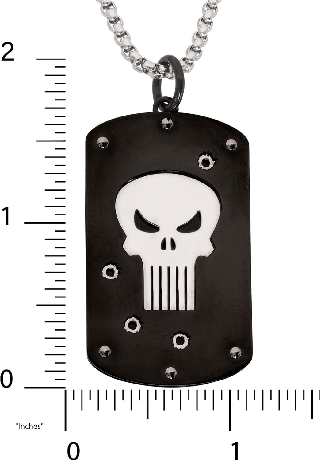 Marvel Comics Punisher Jewelry, Stainless Steel Logo Dog Tag Necklace, 22" Box Chain