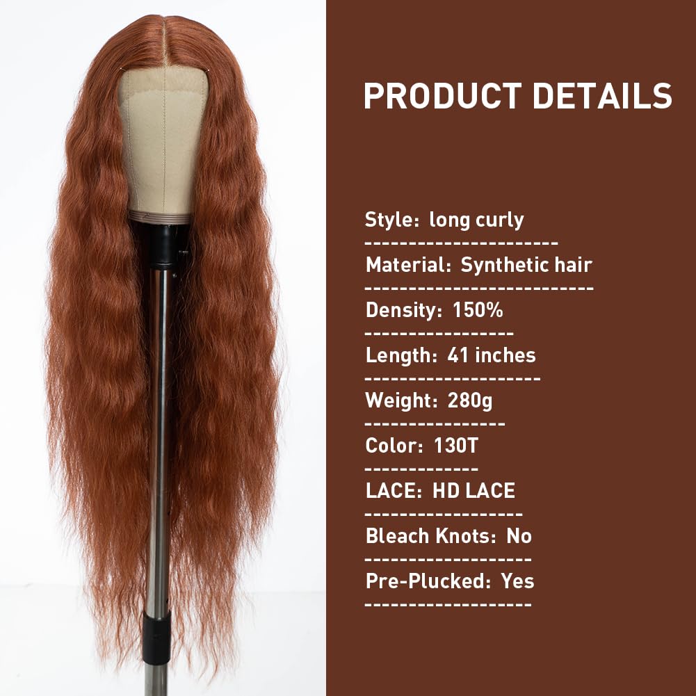 Style Icon Super Long Lace Front Wig 40 Inches Long Curly Wave Wig for Women Reddish brown Super Long Wavy Synthetic Lace Front Wig T Part Lace Wig with Baby Hair Heat Resistant Fiber 150% Density - Image 2