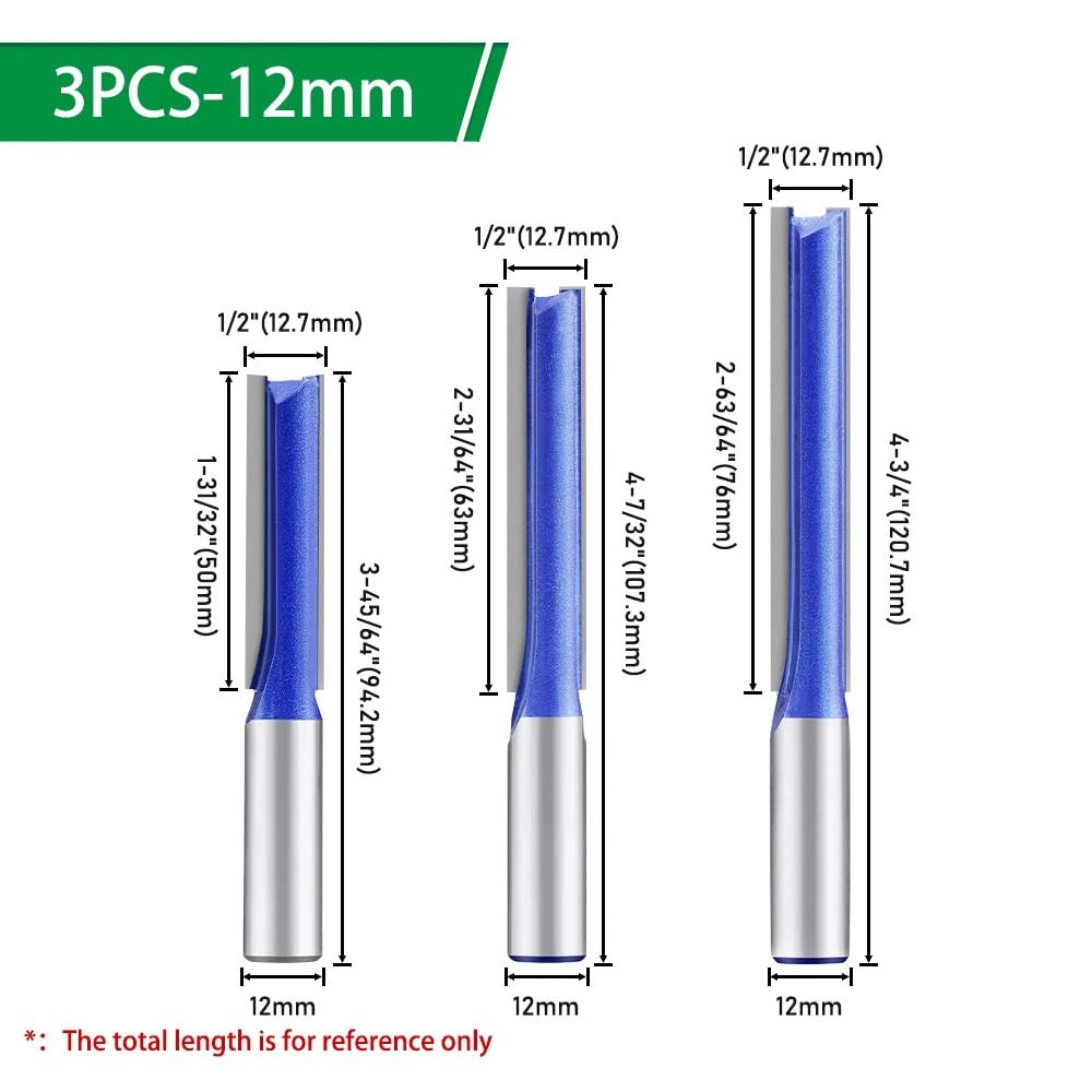 Brocas de enrutador rectas de calidad profesional con vástago de 1/3" y 1/2" y 12,7 mm(12mm shank 3Pcs)