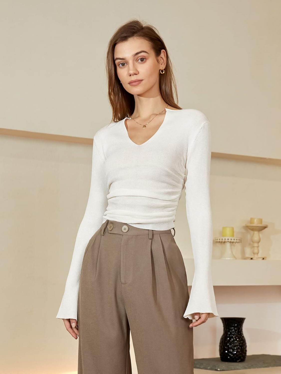 BEDAW Women's Sweater Ribbed Knit Ruched Sweater Sweater for Women (Color : White, Size : X-Small)