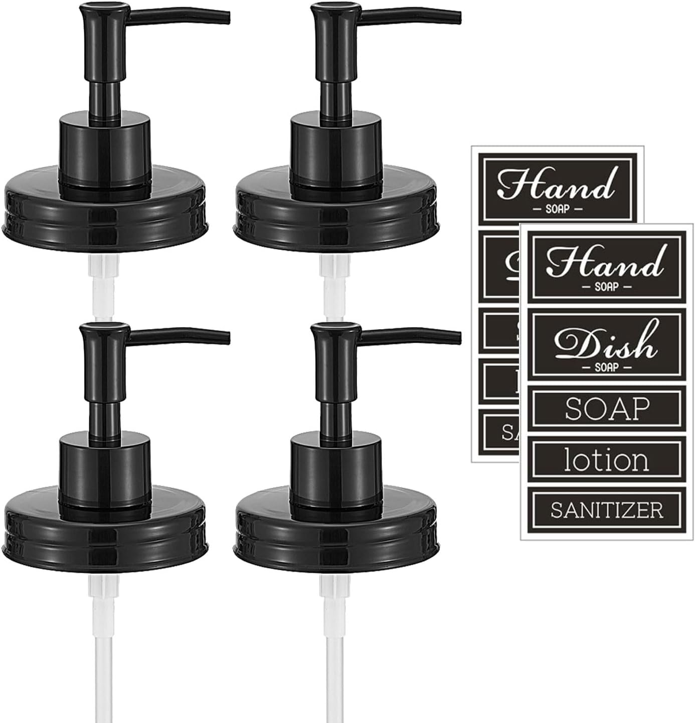 Rust-Proof Plastic Mason Jar Soap Dispenser Pumps & Lids 4-Pack - Fits Regular Mouth Jars for Farmhouse Kitchen Bathroom Decor