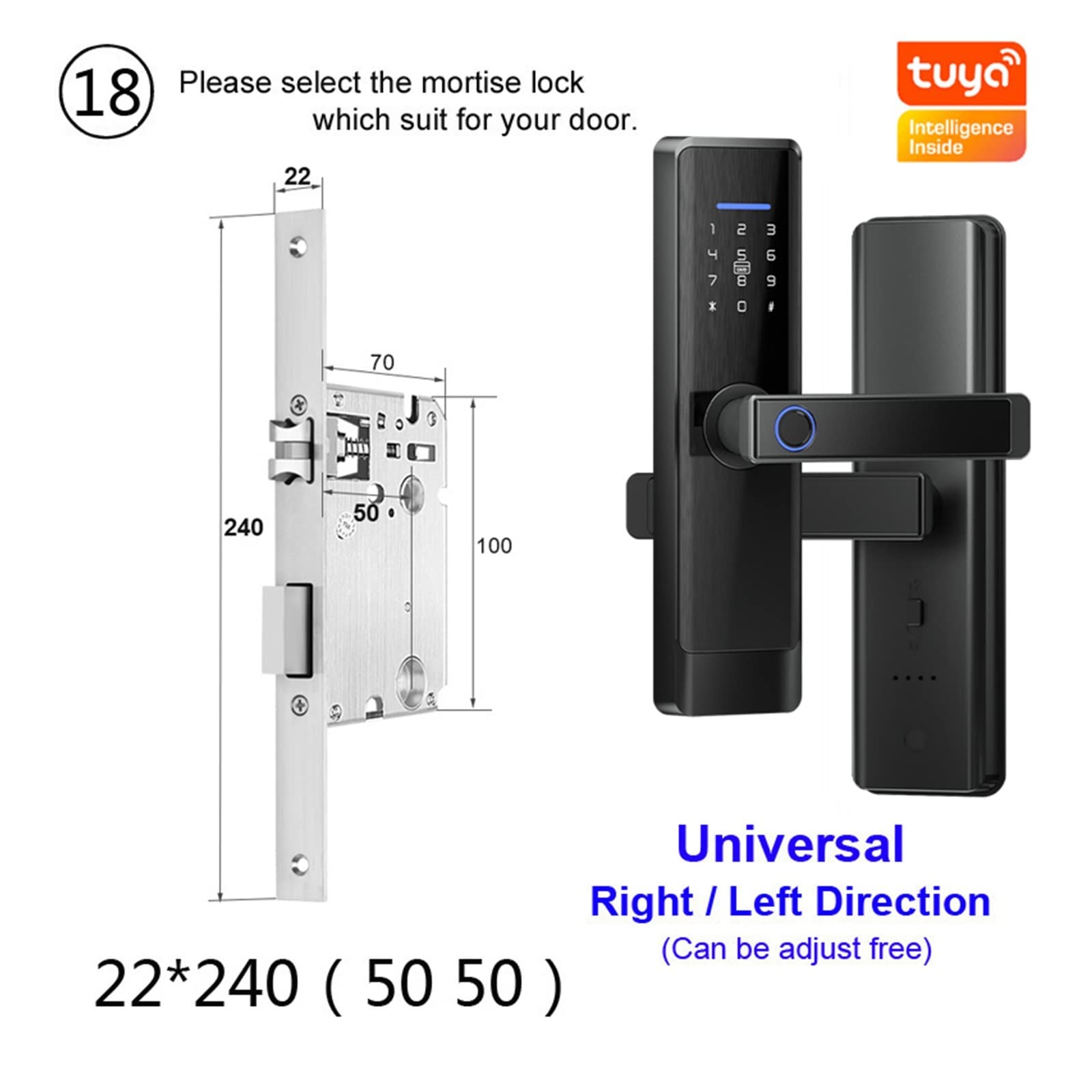 Serratura Smart, Smart Door Lock Tuya App Fingerprint Digit Intelligence Electric 5 Unlock Method Support 8 Language Voice,Smart Lock Facile da Installare(22x240 5050)