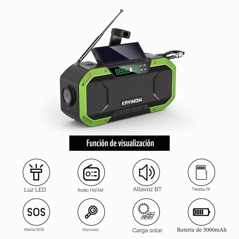 Kavolet Radio solar, portátil, radio Dynamo con AM/FM, 5000 mAh, cargador de batería externa, linterna LED, alarma de emergencia al aire libre, camping y supervivencia