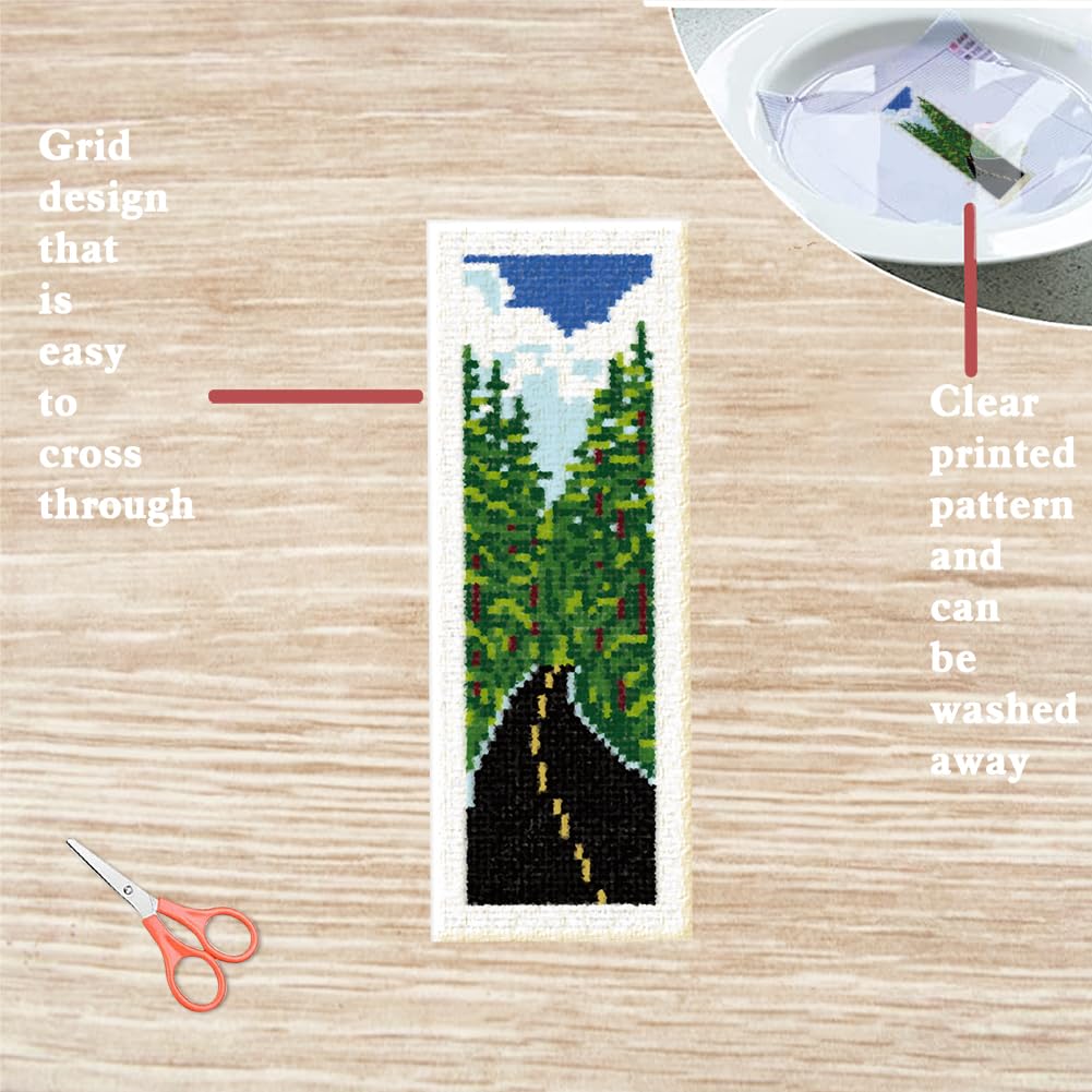 FREEBLOSS 6 Set Cross Stitch Bookmark Kit Cross Stitch Kit Mountain Road Landscape Stamped Embroidery Bookmark with Instruction Cross Stitch Kits for Adults DIY Bookmark Kit 8.66''x3.15'' - Image 3