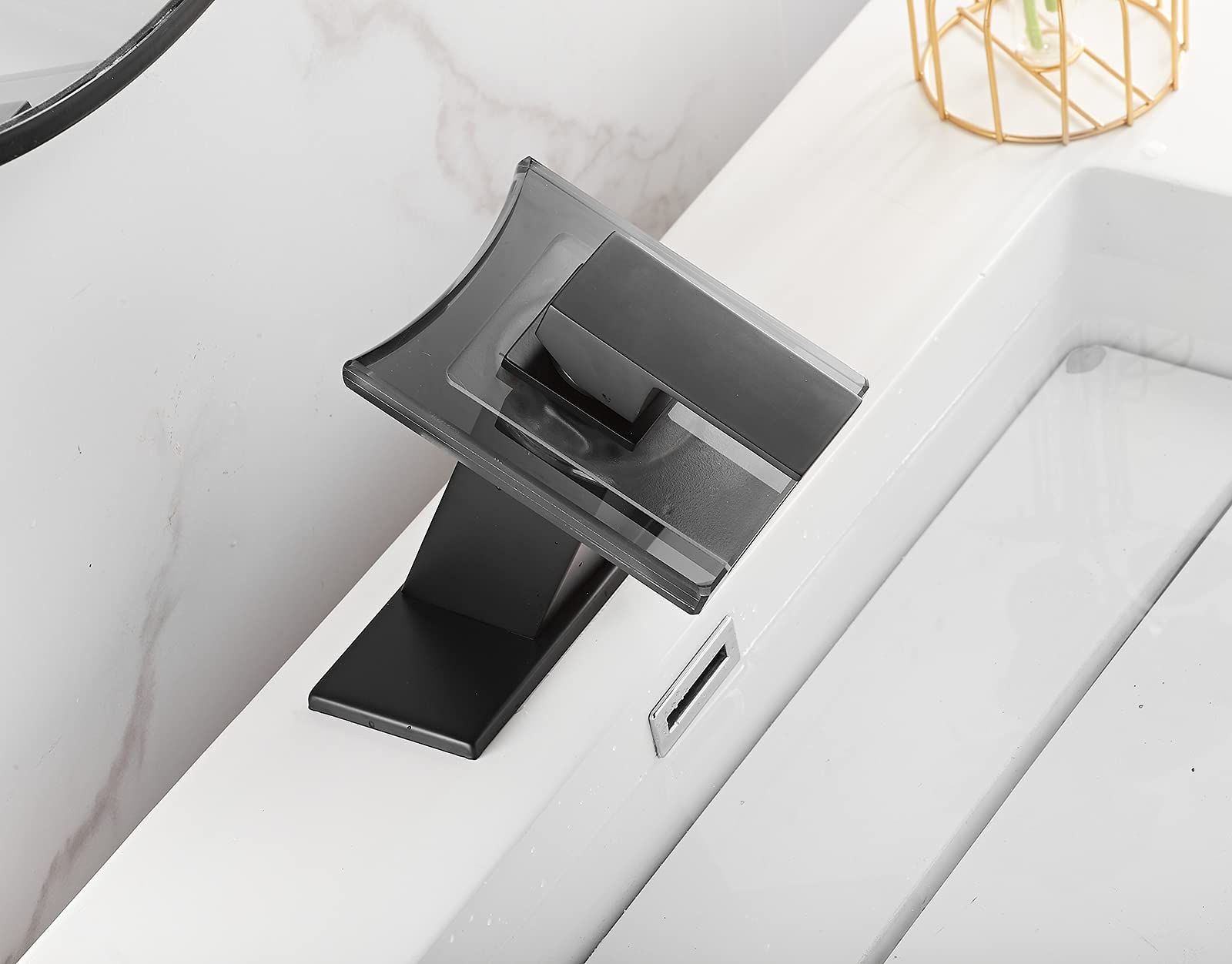 Rubinetto da Bagno Nero con beccuccio a Cascata e Maniglia Singola, Ampio beccuccio in Vetro, Rubinetto a 1 Foro per lavabo da Bagno Moderno, Rubinetto per lavabo da Bagno.