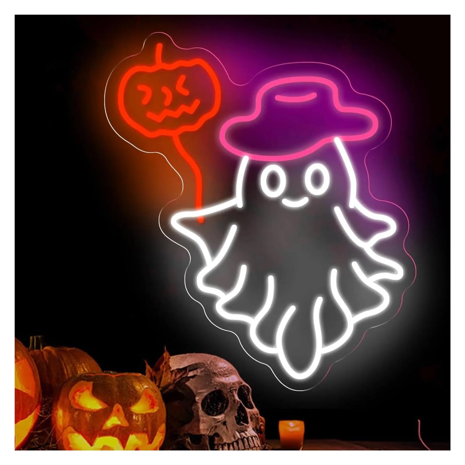 RONGCH Hanging Art Signs Halloween Neon Sign USB Dimmable Ghost for Festival Spooky Room Party Haunted House Store Decoration(B)