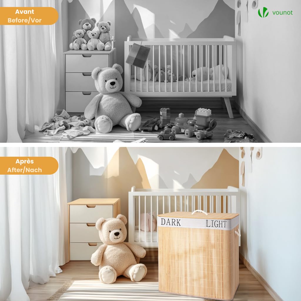 VOUNOT® Cesto Portabiancheria Rettangolare in Bambù 150L, Cesto Pieghevole per Panni Sporchi con Coperchio, Manici e 2 Borse Rimovibili a 3 Scomparti, per Bagno, Lavanderia e Camera da Letto, Naturale