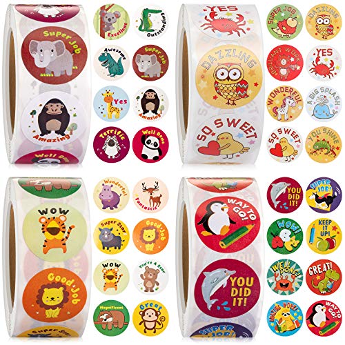 2000 Pieces 1 Inch Teacher Reward Motivational Stickers Animal Cartoon Motivational Stickers Fun Motivational Stickers for Children, 4 Rolls 32 Styles Labels (Animal Style)