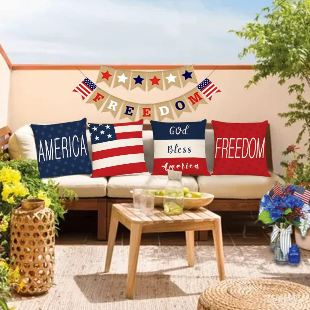 Set of 4 Patriotic Throw Pillow Covers 26x26 4th of July Pillow Covers Memorial Day Independence Day American Flag Cushion Covers Fourth of July Pillow Covers for Home Outdoor Decorations (26 inch)