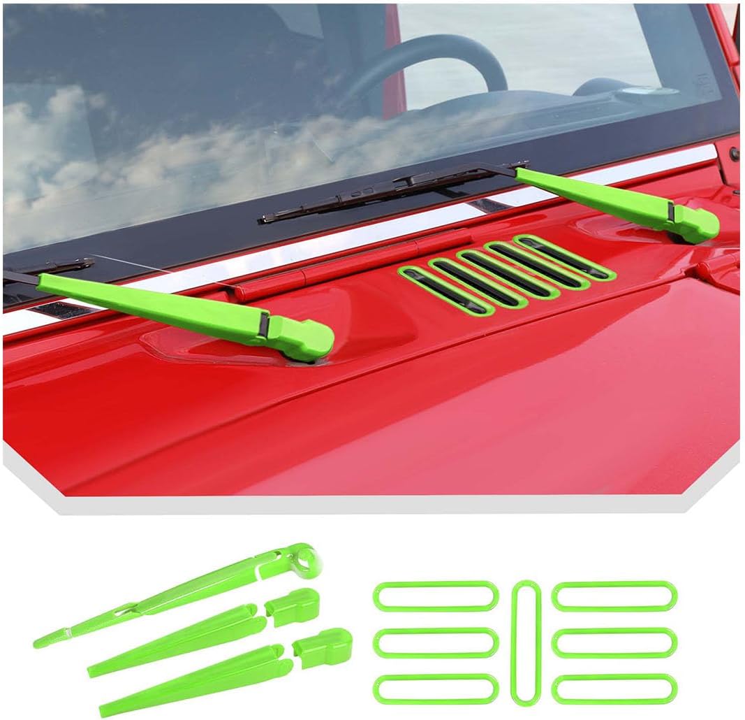 JeCar 10pcs Green Windshield Wiper Covers & Hood Vent Inserts Trim Kit for 2007-2018 Jeep Wrangler JK Exterior Accessories
