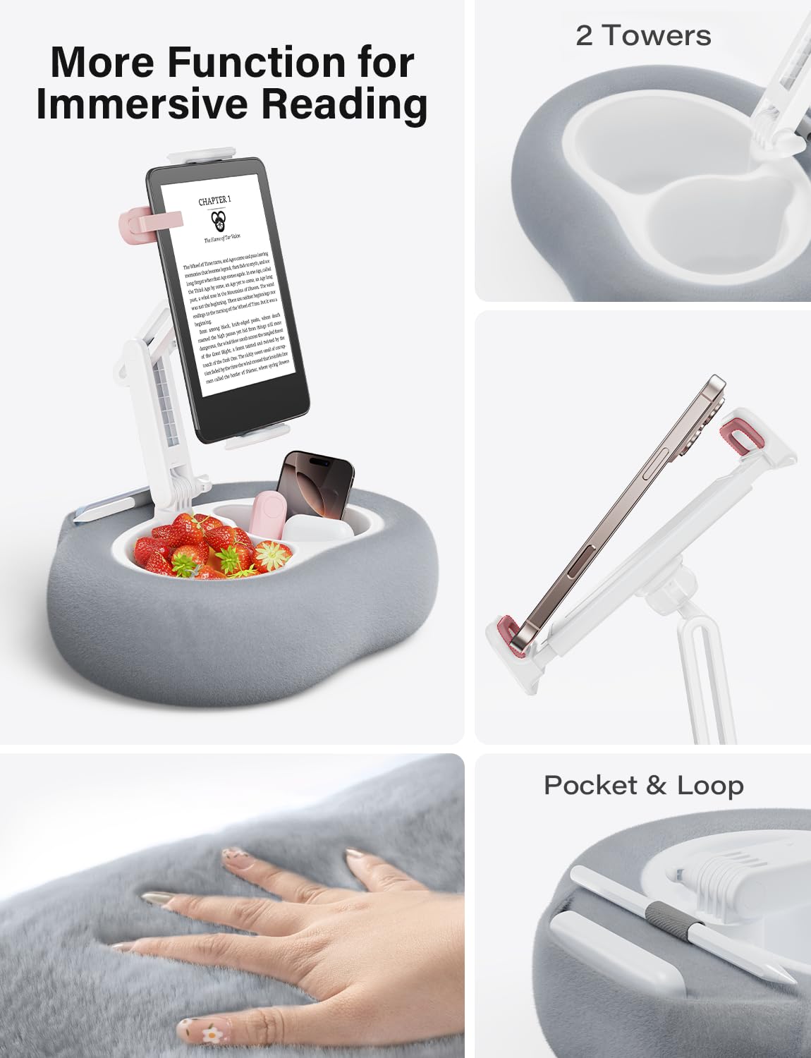TAZENI Soporte de almohada para tablet Kindle con 2 bandejas para teléfono/tableta/Kindle iPad de 4 a 13 pulgadas, soporte para cama con accesorios de lectura de tela suave, regalo para leer, color