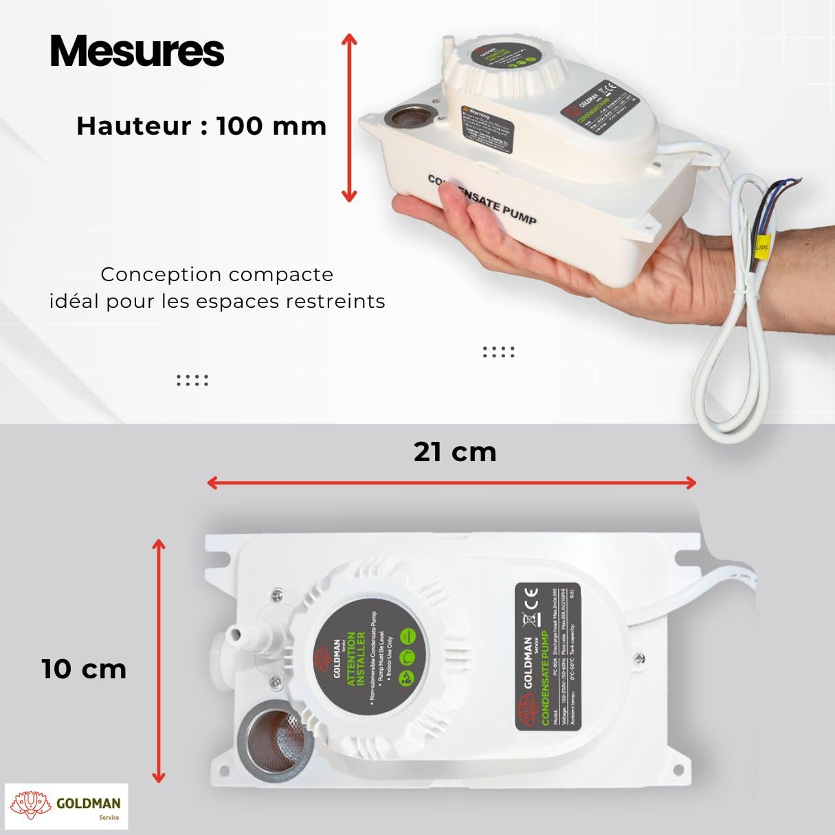 GOLDMAN SERVICE | Pompe à condensation automatique silencieuse pour drainage et vidange d'eau de climatisation | Débit 80 litres/heure