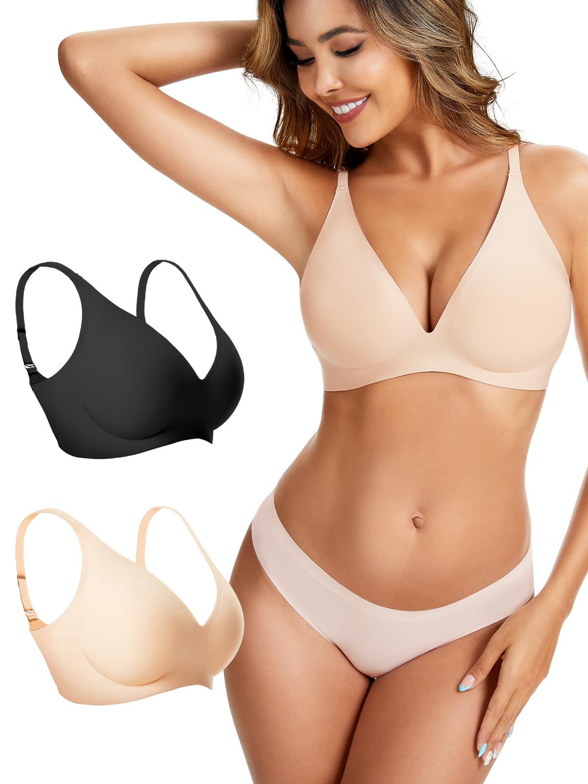Womens Deep V Wireless Bra No Underwire Seamless Comfort Support Tshirt Push Up Bralette for Everyday/Sleep