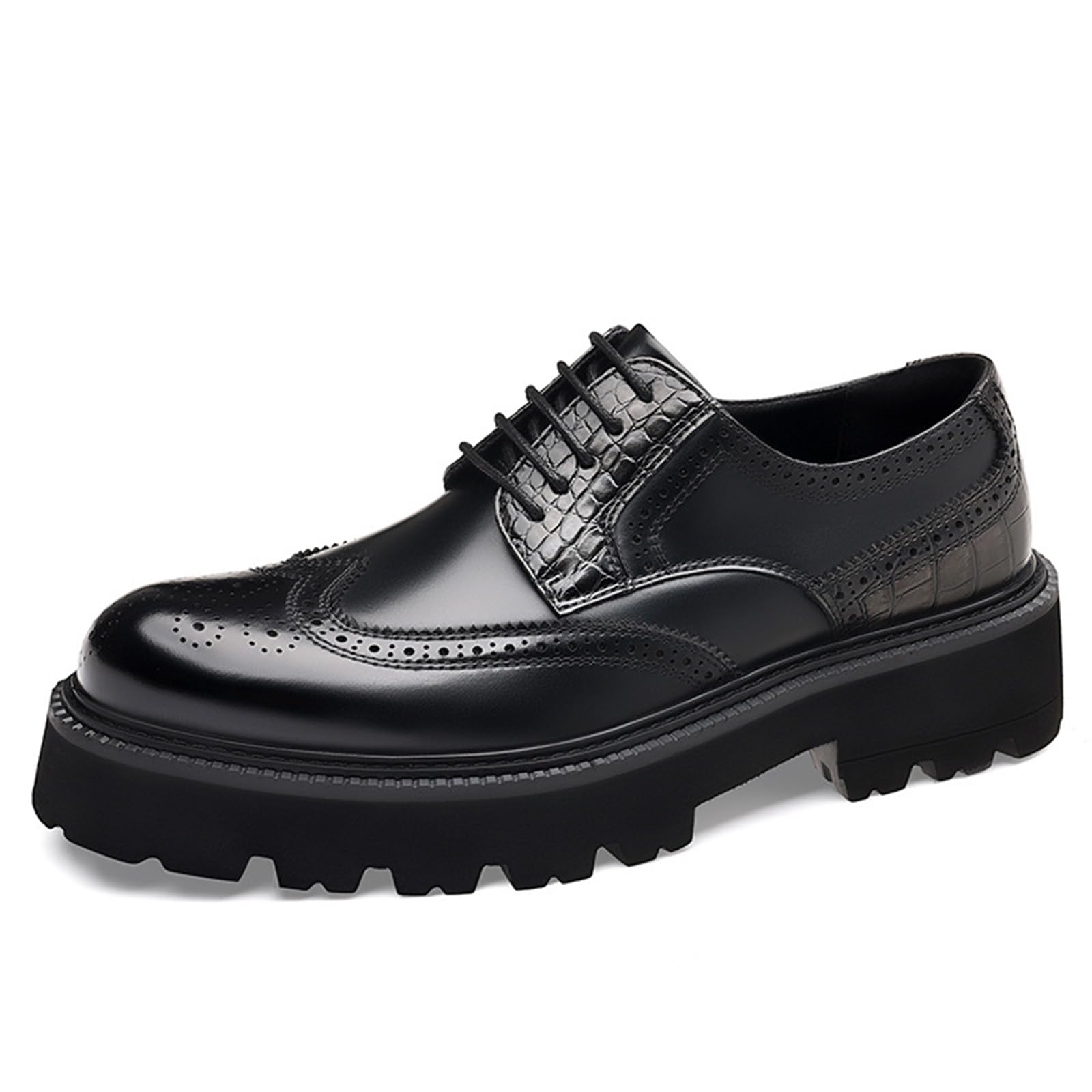 Mocasines de piel auténtica con plataforma Oxford para hombre, con punta de ala, gruesos, antideslizantes, para el trabajo, informales, para vestir, zapatos Derby, Negro 2, 41 1/3 EU