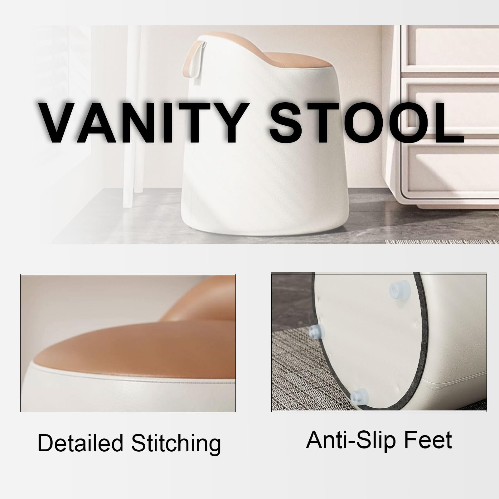 Moderno sgabello girevole bianco – sedia rotonda imbottita morbida per trucco per camera da letto e salone, elegante e confortevole, ideale per toelettatura di bellezza e uso multifunzionale
