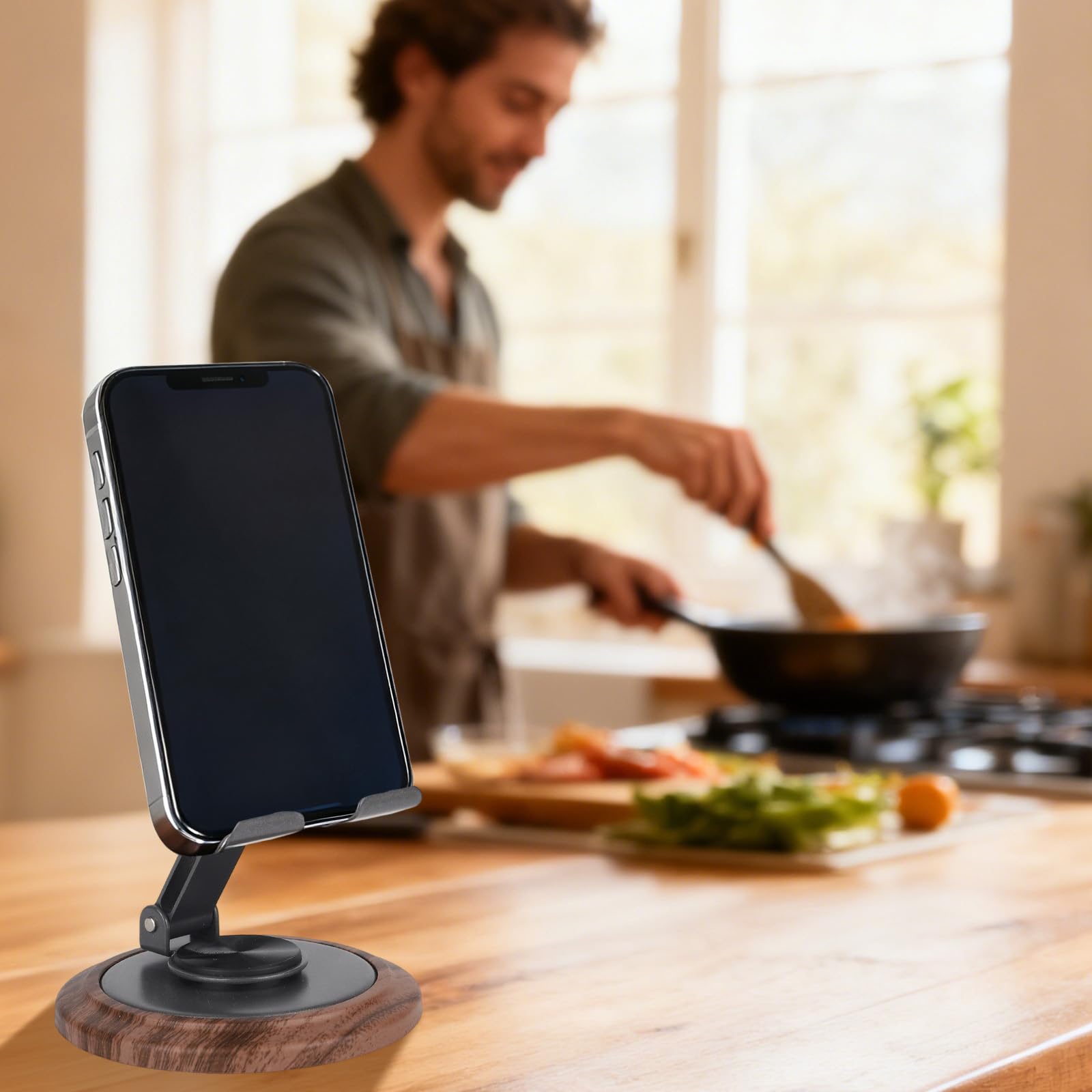 Penitue Drewniany Uchwyt na Telefon, Obrotowy o 360 Stopni Regulowany Podstawka Pod Telefon Komórkowy Uchwyt na Stacjonarny do Biura, Kuchni, Łazienki, Akcesoria Prezent dla Kobiet i Mężczyzn