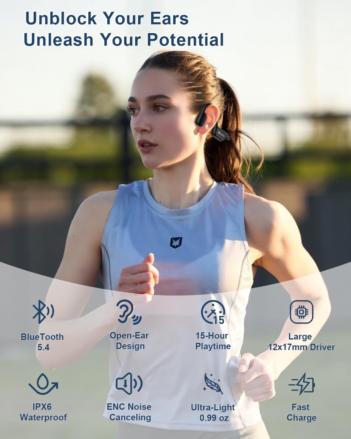 Casque à conduction osseuse, casque Bluetooth sans fil à oreilles ouvertes avec micro (noir)