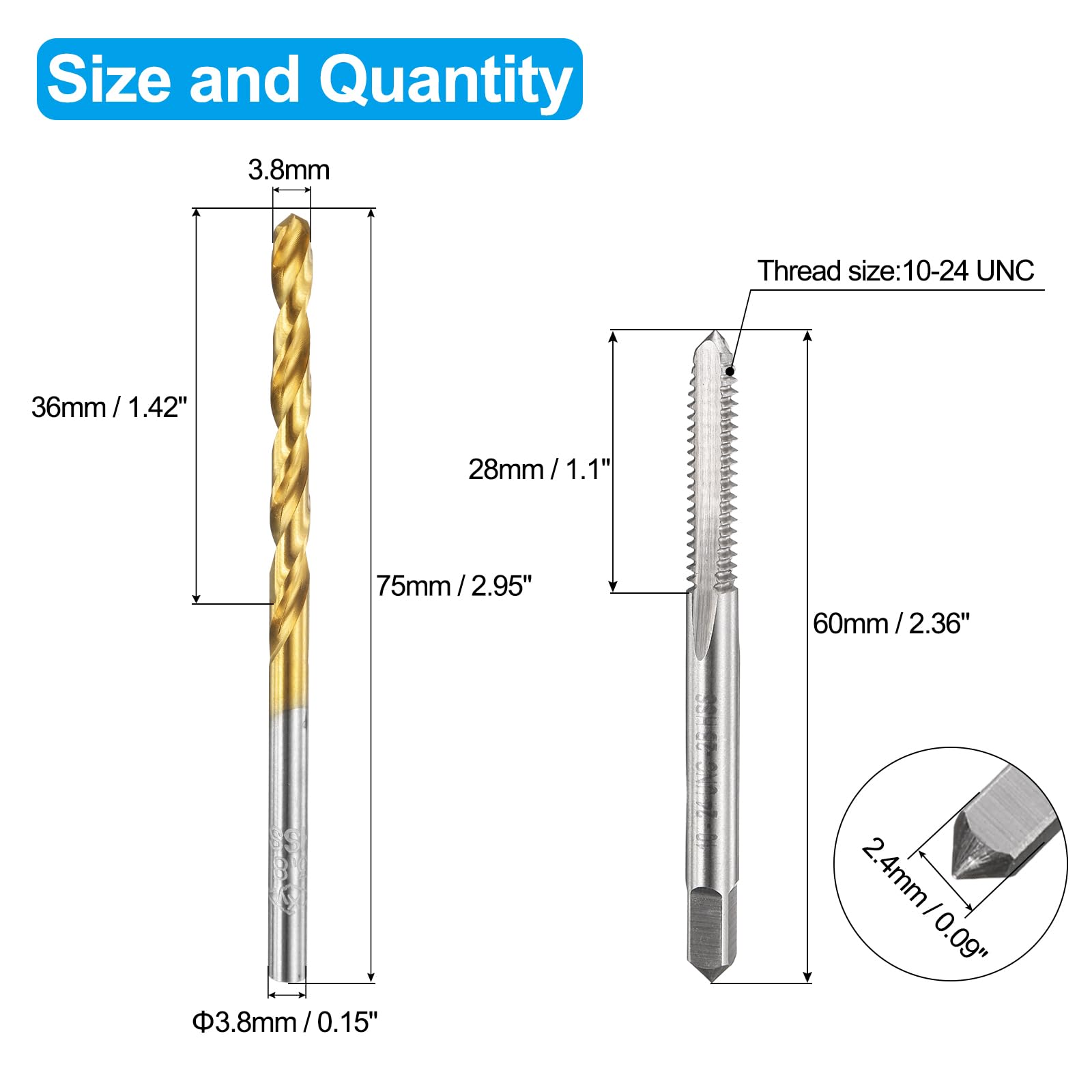 Set di maschi e punte da trapano, 1 maschio per filettatura a scanalatura dritta UNC 10-24 e 1 punta elicoidale da 3,8 mm, kit di utensili per filettatura HSS-6542 non rivestiti/rivestiti in titanio
