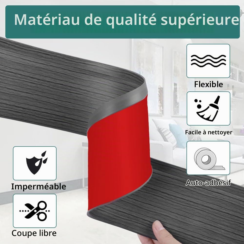 Plinthe souple autoadhésive moulure murale 10cm de large adhesive plinthe murale en PVC décorative pour mur et sol (Grain de bois gris foncé, 10cm×18m)