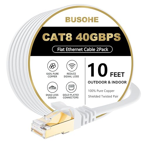 Miniatura 25 de BUSOHE Cable Ethernet CAT8 de 30 pies, cable de conexión de computadora de red plana de Internet de alta velocidad, 40 Gbps 2000 Mhz más rápido que