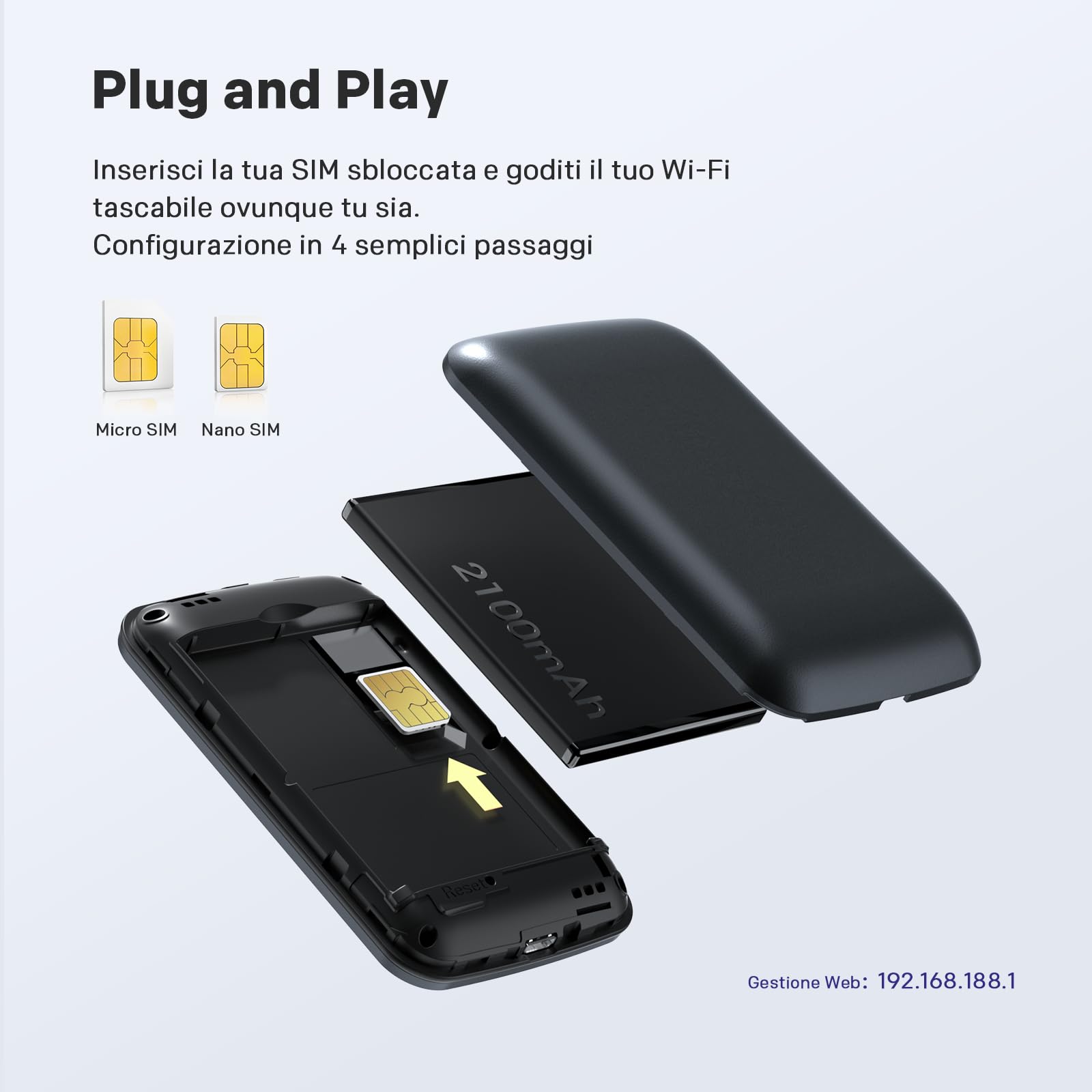 STRONG Saponetta WiFi Portatile con SIM, 4G LTE CAT4 150Mbps DL, Hotspot WiFi Tascabile da Viaggio, Connette Fino a 10 Dispositivi, Batteria Ricaricabile, Porta USB-C, Funzione Power Bank(150C)