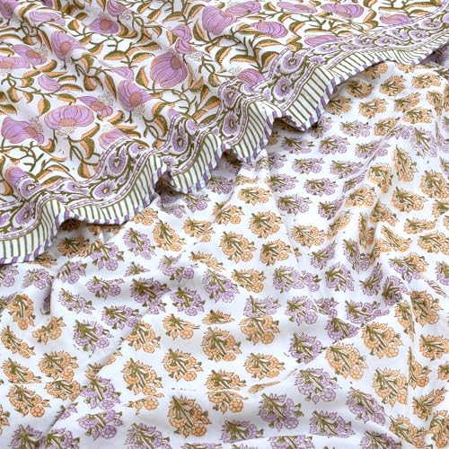 Image of TOAIArt Premium Jaipuri Dohar | AC Blanket Summer Quilt | Hand Block Printed | 3 Layers | Reversible | 150GSM 100% Mulmul Cotton | 100% Cotton Flannel Filling | Single 60 inch X 90 inch|Round Florals Leaves