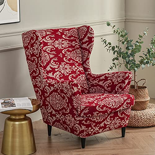 Housse de Fauteuil Baroque Rouge Highdi à Oreilles Extensible - 2-Pièces Couverture de Fauteuil Moderne avec T - Housse de Coussin pour Salon, Hôtel,...