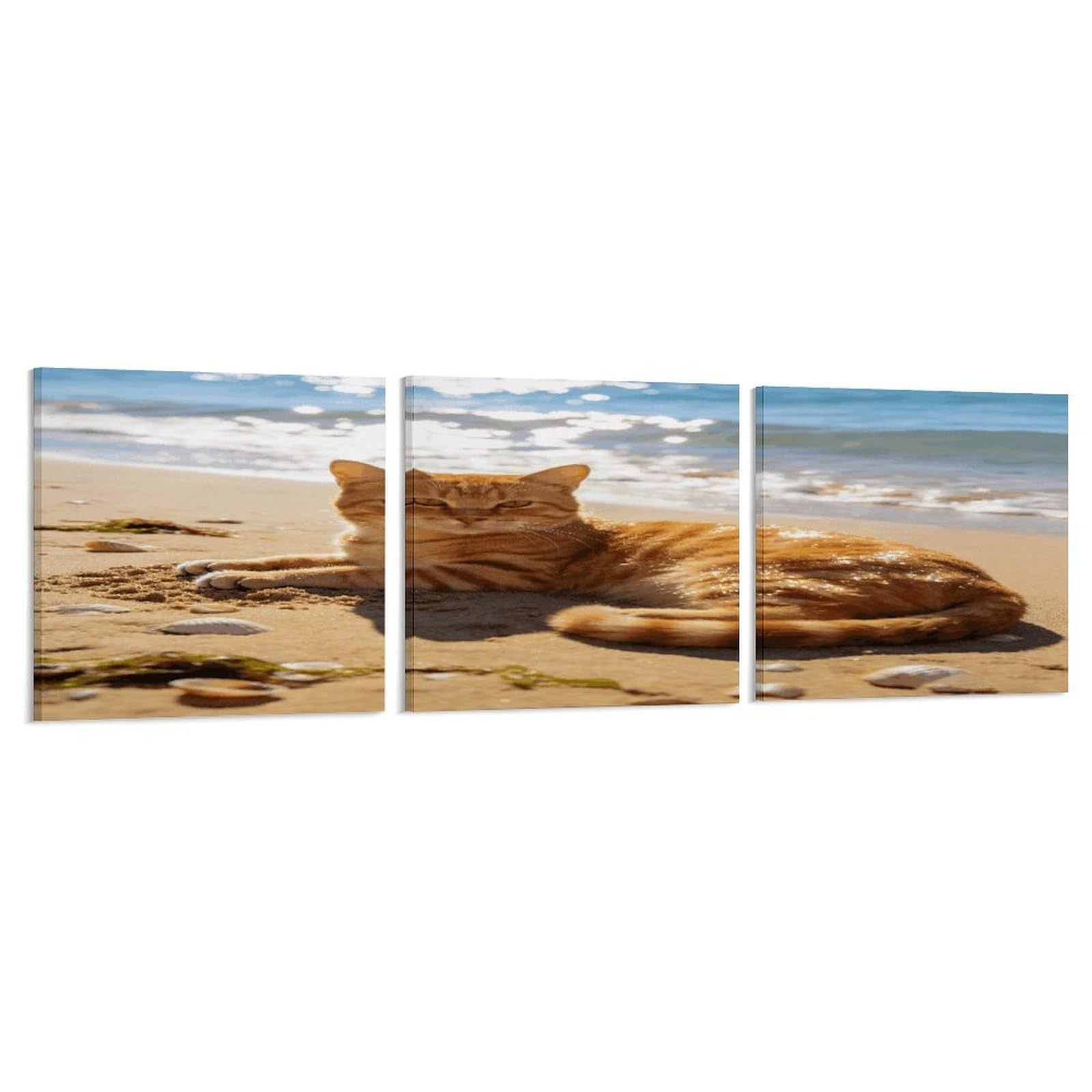 Khauerbc Style Set Of 3 Beach Cat Wall Art，Paintings Artwork For Living Room, Hallway, Bedroom, Office Wall Decor For Living Room, Hallway, Bedroom, Office Paintings Artwork 8X8 Inch