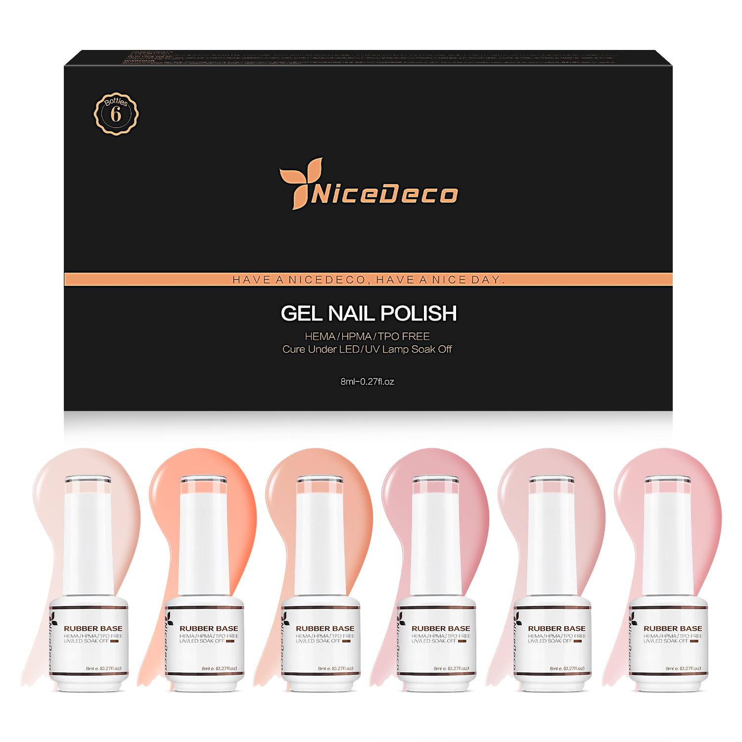 Nicedeco No Wipe Gel Top Coat and Base Coat, 6 Pcs Rubber Base Gel Polish for Nails