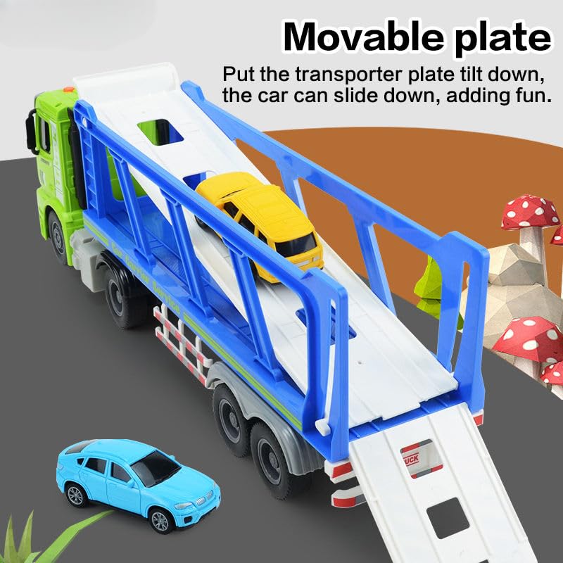 Image of RAMNATH Bilayer Car Transporter Truck Toy � Large Carrier Vehicle with 4 Die-Cast Cars, Friction Powered, Slide Ramp & Lights � Educational Push Truck Toy Gift for Kids Boys & Girls Ages 3+(I)