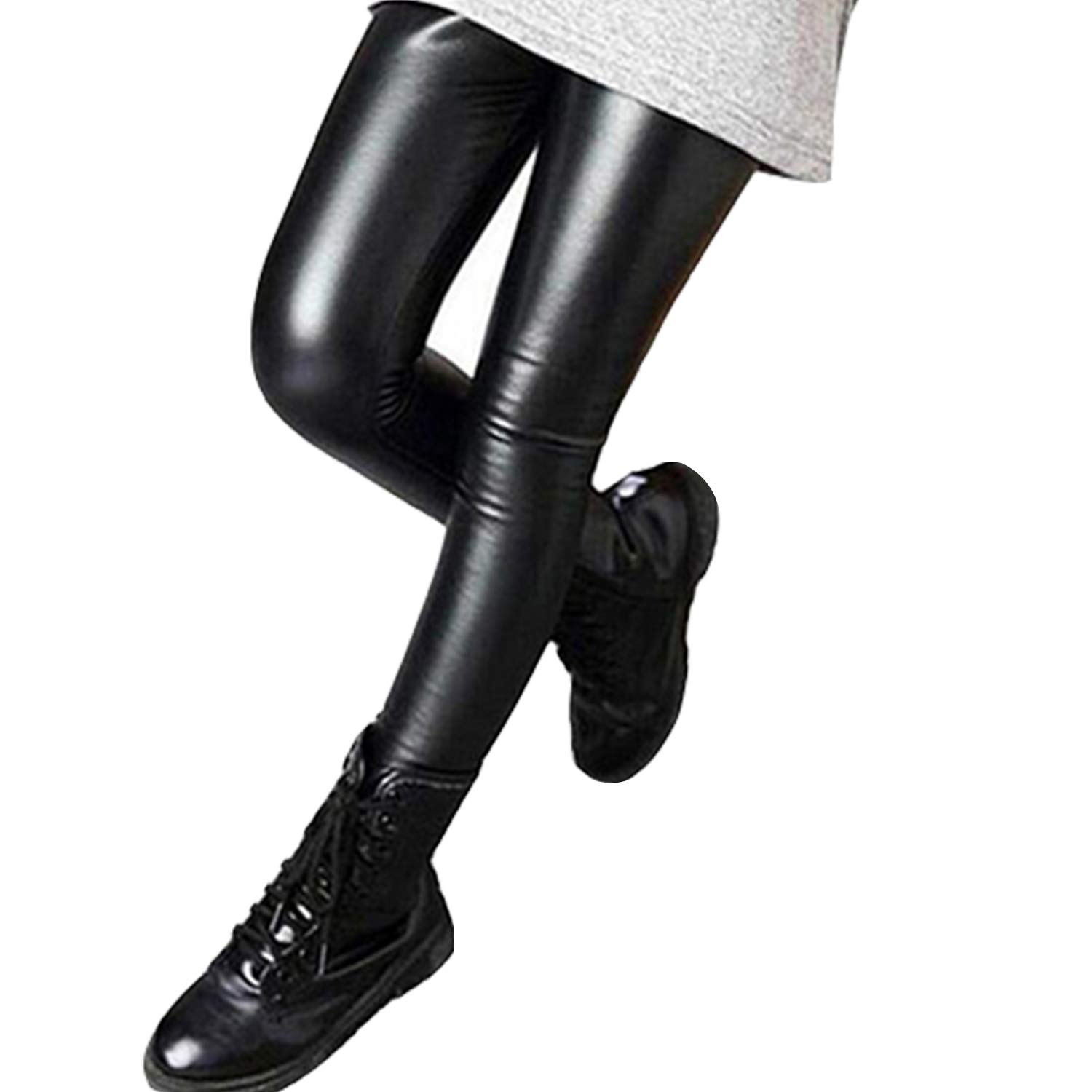 De feuillesKids Girls Warm Velvet Lined Leggings Full Length Stretchy Faux  Leather Highwaist Pants