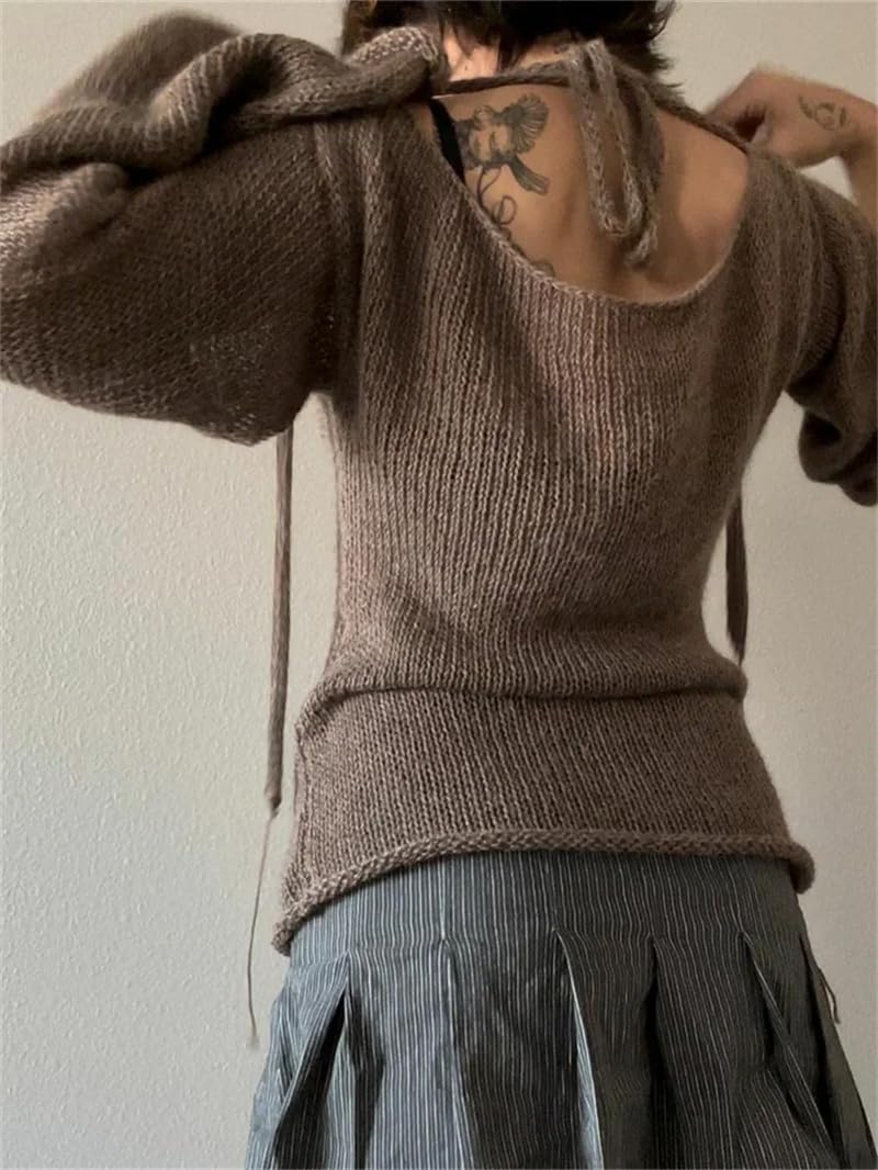 Donne Backless Tie-Up Pullover Top Manica Lunga Flare Slim Solido Maglioni Party Jumpers