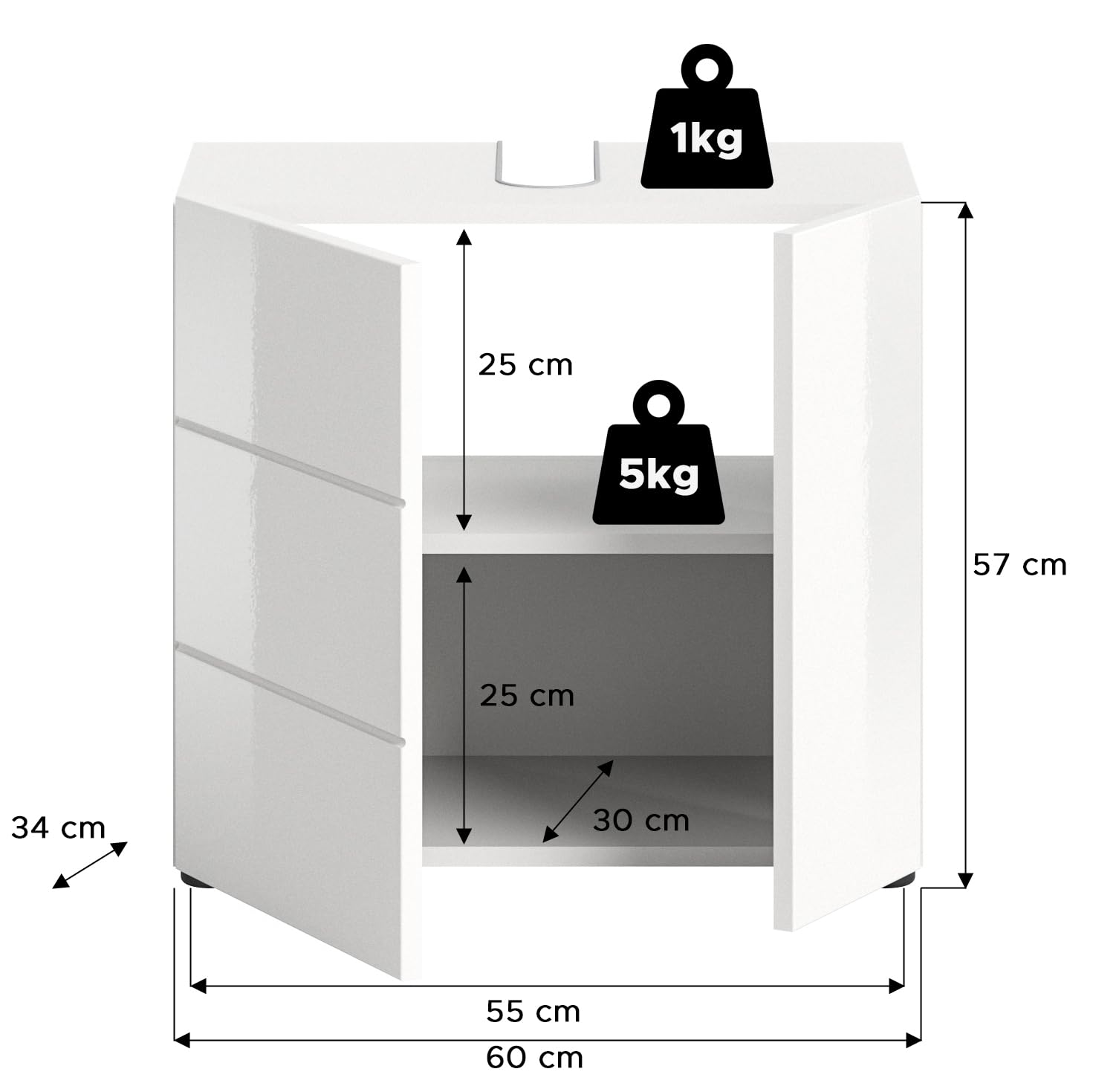 xonox.home - Waschbeckenunterschrank Vira 60x56x34 cm in Front weiß Hochglanz Tiefzieh Korpus weiß Melamin - Unterschrank Badezimmerschrank - modern, praktisch und funktional