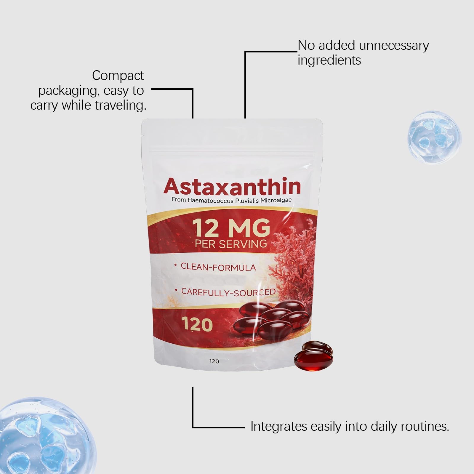 Astaxanthine 12mg| Source de microalgues fraîches | avec huile MCT | Soutiens immunitaires et cutanés | Sans OGM, sans gluten (120 unités),2Pcs