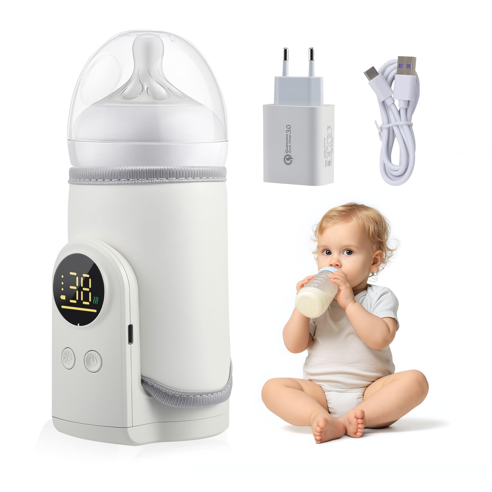 Flaschenwärmer Baby Unterwegs, Babyflaschenwärmer mit LCD Display, Schnelles Aufheizen, 6-Temperaturstufen 38-50℃, 8000mAh, Drahtloses Milchwärmer, Muttermilchwärmer für Reise Baby Milchwärmer