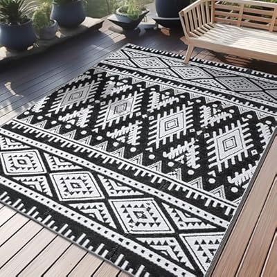 OLANLY Outdoor Rug Waterproof 5x8 ft, Reversible Outdoor Plastic Straw Rug, Boho Patio Rug, Indoor Outdoor Carpet, RV Mat Outside for Patio, Camp, Picnic, Balcony, Deck, Backyard, Black & White