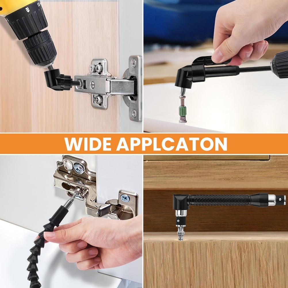 21Pcs Right Angle Drill Attachment Set Include 2Pcs Flexible Drill Bit Extension 3Pcs 360° Rotatable Socket Adapter 2Pcs Hex Shank 105° Right Angle Attachment 10 Screwdriver Bits(COLOR:black)