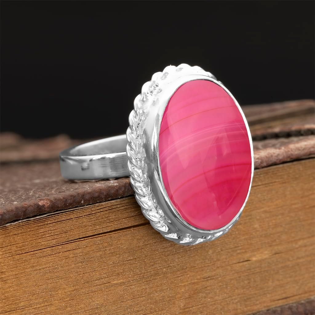 Gray Striped Agate Ring in Rhodium Plated Sterling Silver | Handmade Bezel Set Gemstone Jewelry for Gemini | Root & Crown Chakra Calming Stone | Elegant Gift for Wife, Girlfriend or Mom