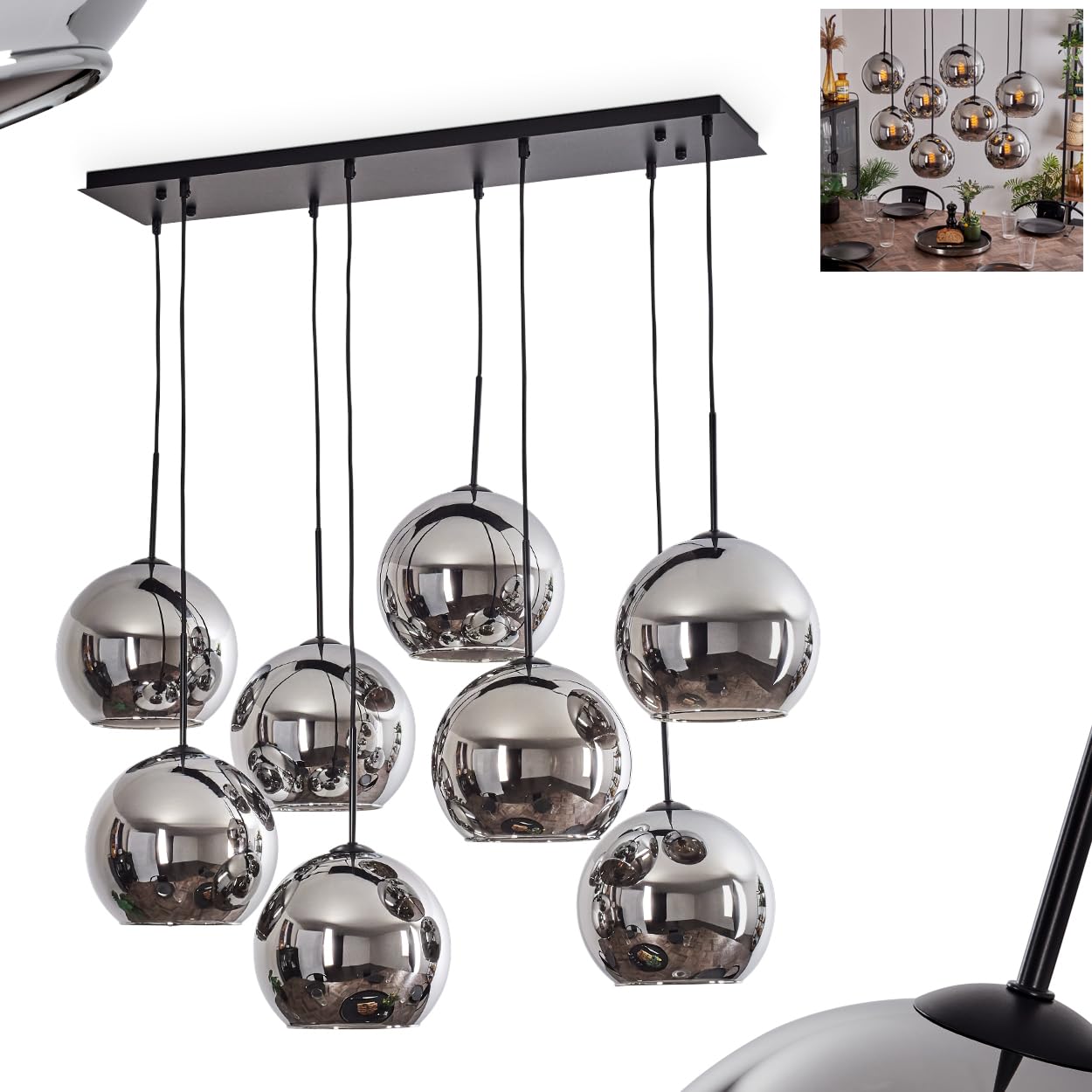Koyoto Pendant Light, Hanging lamp Made of Metal/Glass in Black/Chrome Colour, Vintage/Retro Design luminaire with Glass Shade (Ø 25 cm), max. Height 147 cm, 8 x E27, Without Bulb