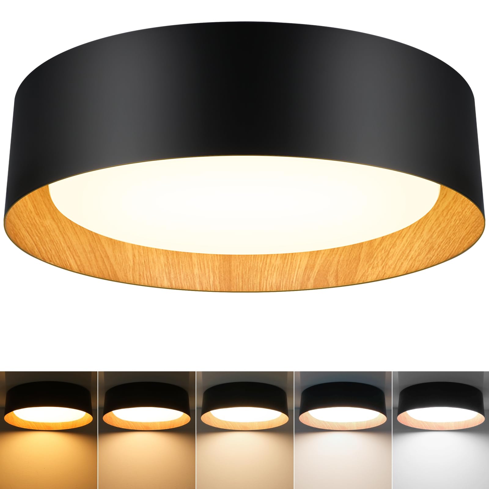 BrightHome Recessed Ceiling Light, 13 inch 2600LM 25W (300W Equiv), LED Ceiling Light 5CCT 2700K 3000K 4000K 5000K 6000K, Dimmable Ceiling Light for Bedroom Bathroom Hallway, Black and Wood-image-41