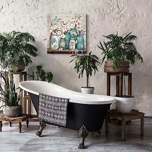 Bathroom Decor Wall Art Blue Beach Picture Ocean Theme Flower Canvas Print Modern Coastal Seascape Painting Framed Bathroom Pictures Canvas Painting Teal Bedroom Kitchen Art Home Decorations 20"x20" - Image 3