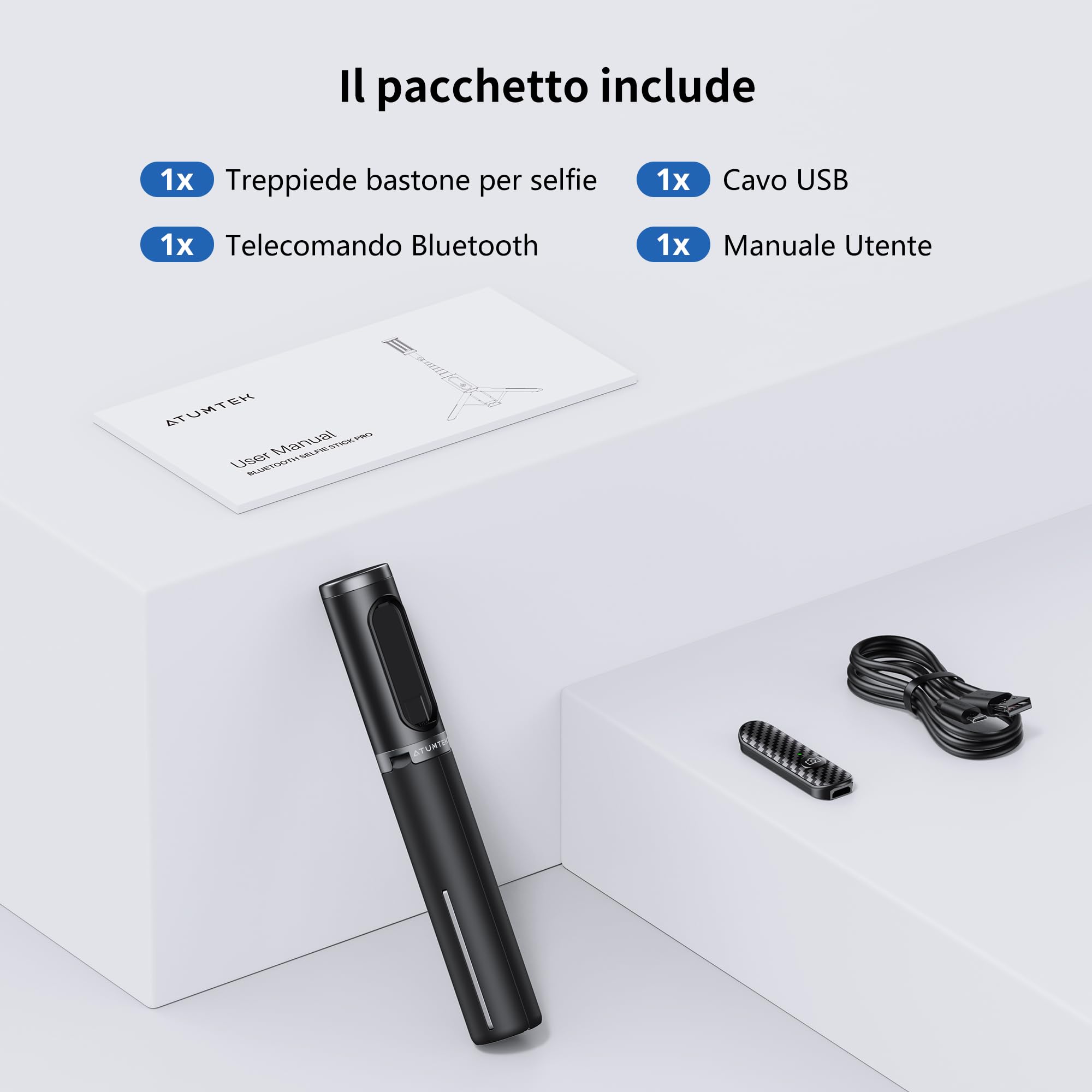 ATUMTEK Selfie Stick Treppiede, Treppiede 3-in-1 Estensibile in Alluminio con Telecomando Bluetooth Wireless, Compatibile con iPhone 17/16/15/14/13/12 mini/11 Pro e Smartphone/Telefono Samsung, Nero