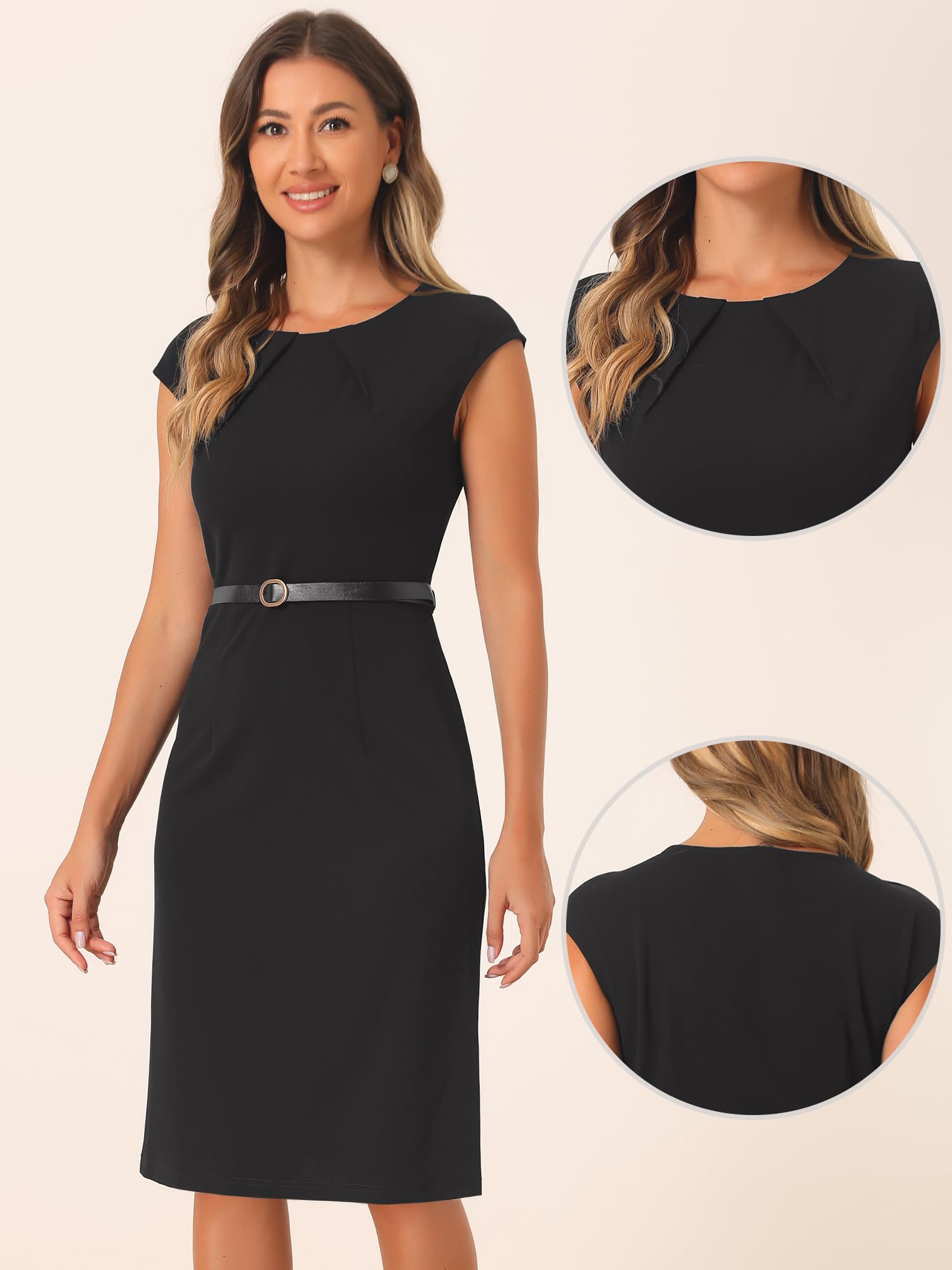 Allegra K Elegante Vestido de Oficina para Mujer, Cuello Redondo, Manga Casquillo, cinturón, Vestidos de Trabajo
